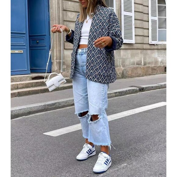 Women's Floral Quilted Jackets Cropped Button Down Padded Puffer Jacket Navy - Picture 5 of 8